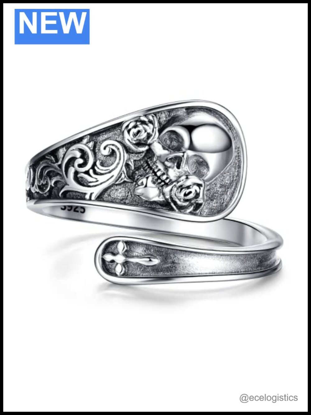 925 Sterling Silver Skull Spoon Ring Adjustable Gothic Statement Ring